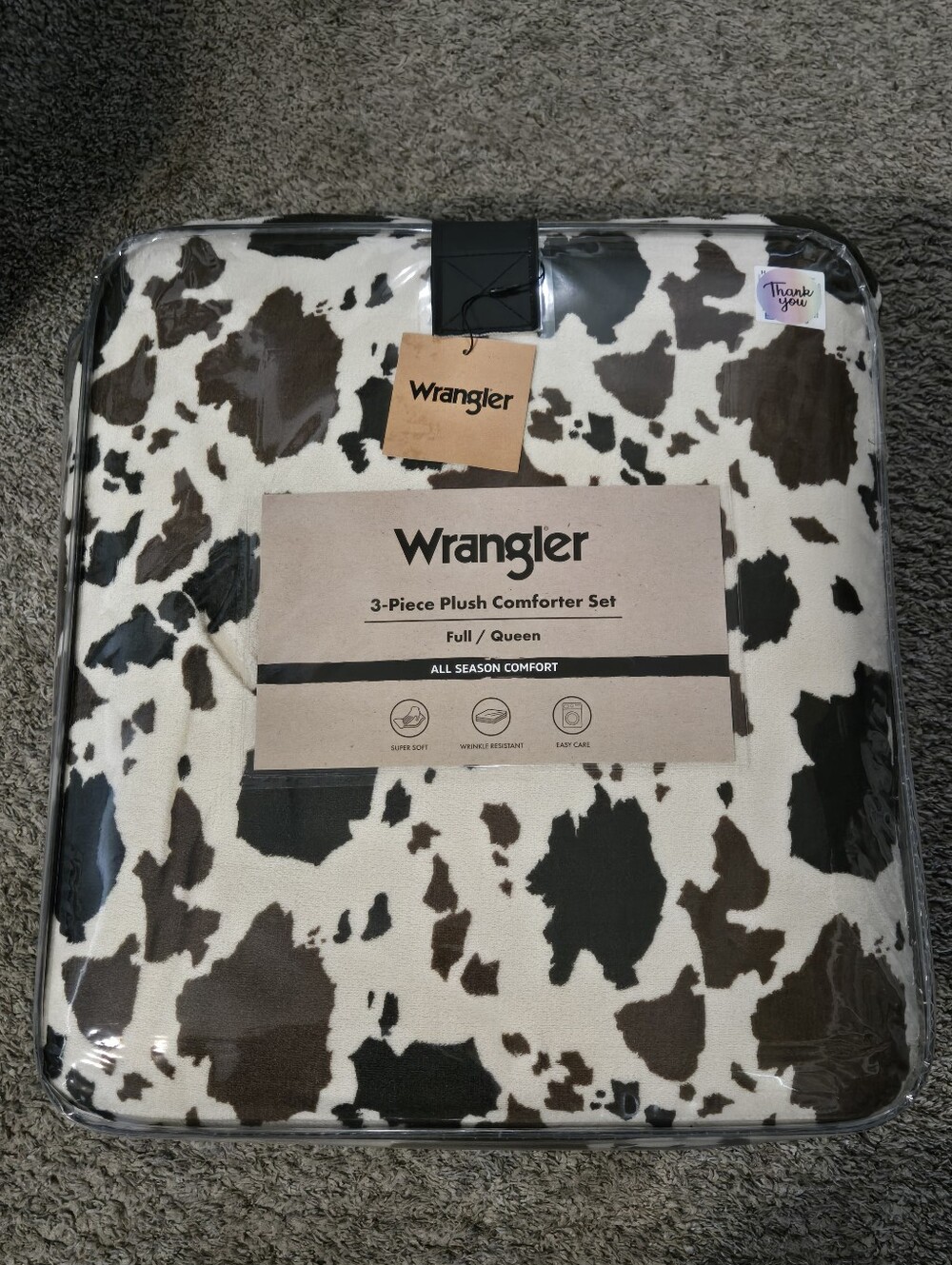 Plush Wrangler 3 Piece Comforter Set Brown & Cream Cow Print Western QUEEN